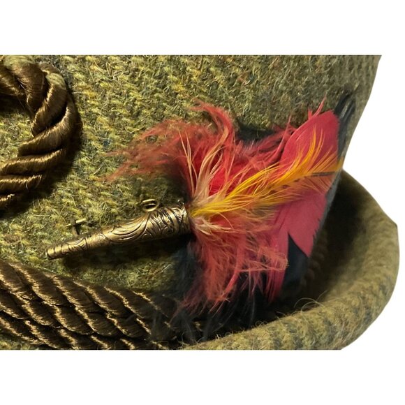 Vintage Green Wool Tyrolean Fedora Hat Sz 7 Feather Pin Braided Rope Accent - Picture 2 of 9